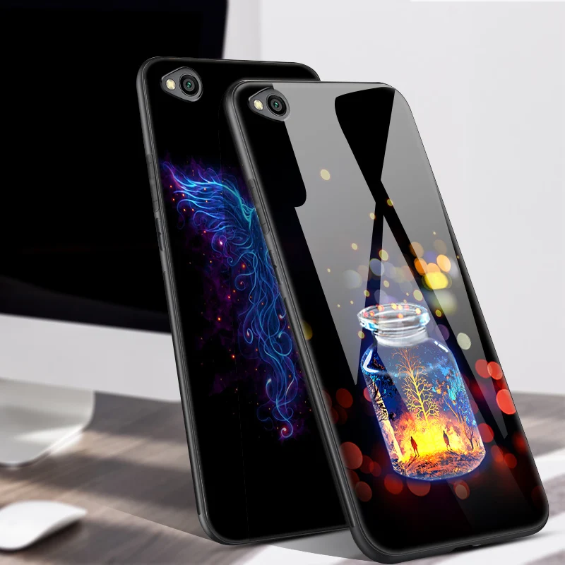 

Tempered Glass Back Cover For Xiaomi Redmi Go Phone Cases Luxury Cute Silicone Painted Skin Funda Redmi GO 8GB 16GB Case Coque