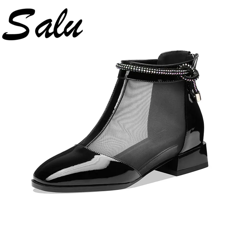 

Salu Women Summer Boots Genuine Leather Thick Heels Platform Shoes Woman Mesh Surface Breathable Zipper Ankle Boots