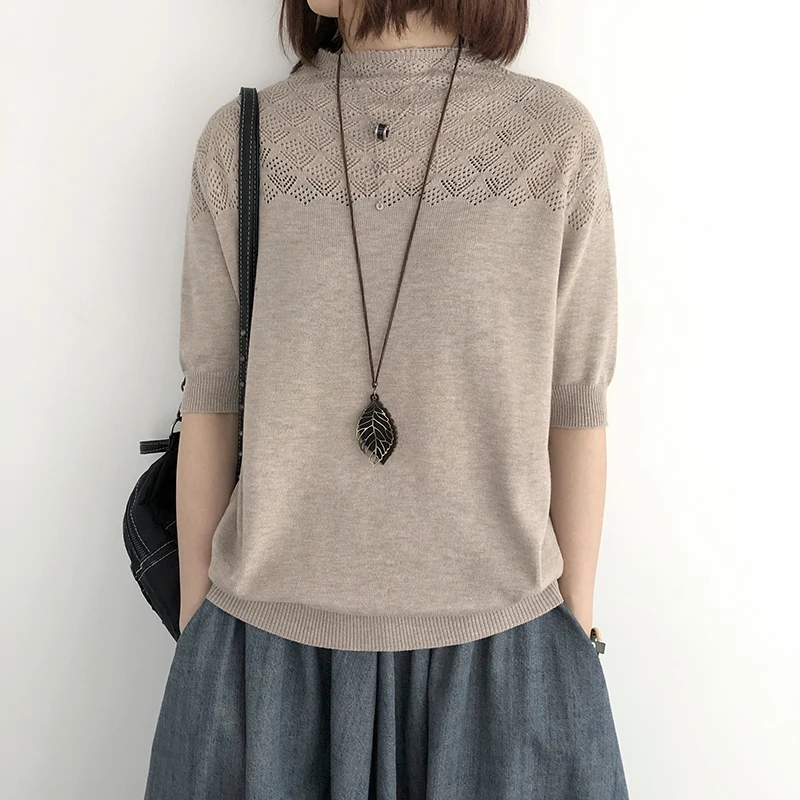 

Women Summer Fashion Korea Style Solid Color Hollow Out Half Sleeve Slim Fit Sweater Office Lady Casual Loose Pullover Sweater
