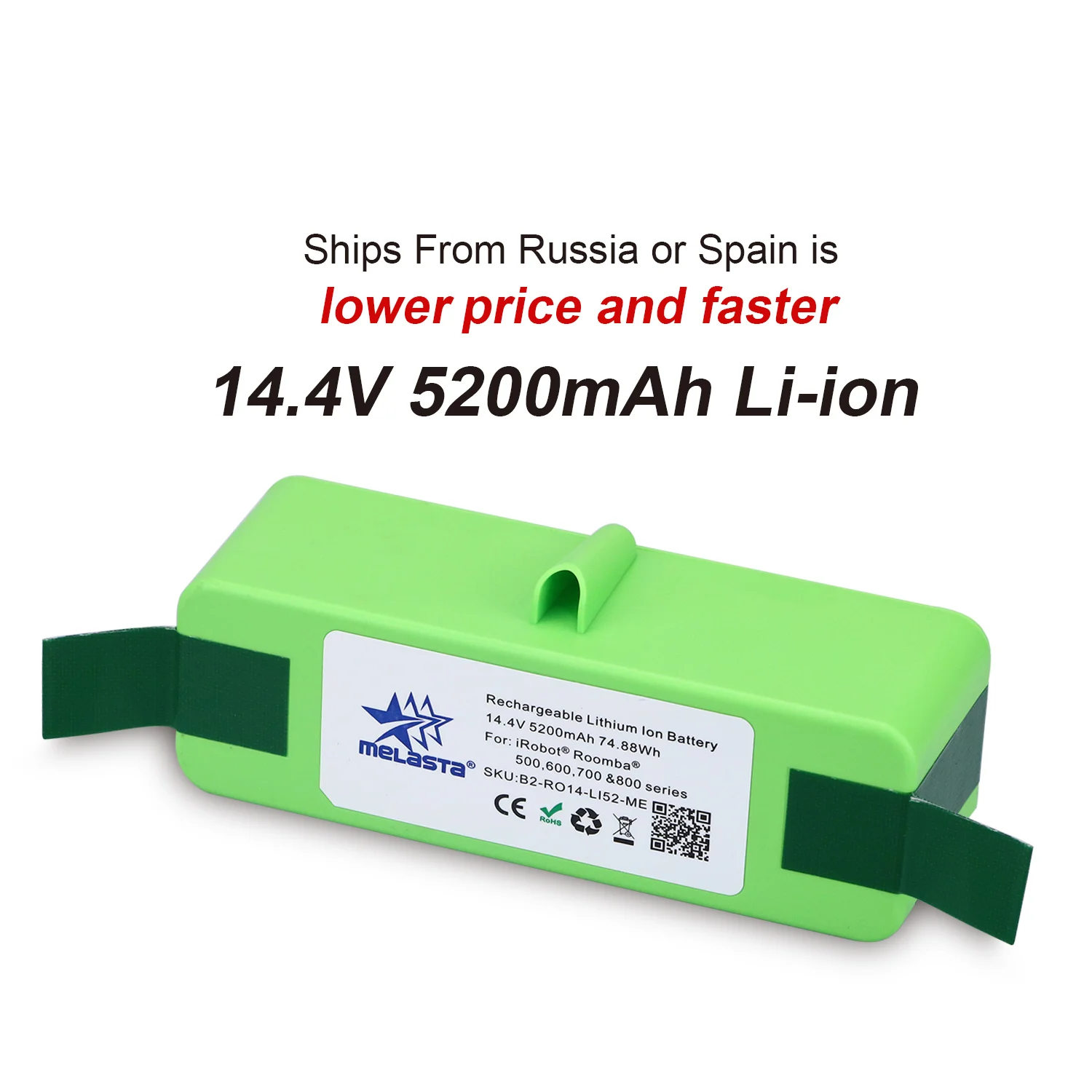 

Li-ion 5.2Ah 14.4V Battery with Brand Cells for iRobot Roomba 500 600 700 800 Series 510 530 550 560 620 650 770 780 870 880 R3