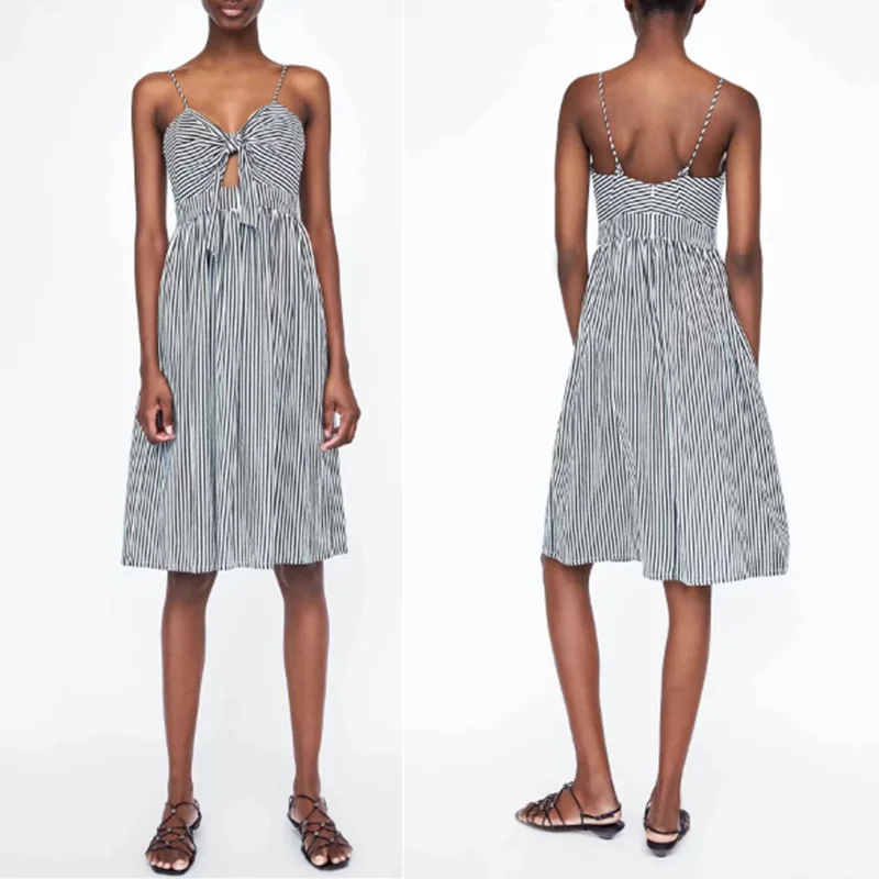 

Ozhouzhan 19 Summer New Chest Hollow out Knotted V-neck Stripes Strapped Dress Slim Fit Medium-length Dress Women's