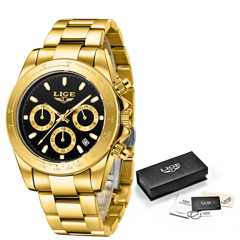 2022 LIGE Military Sport Mens Watches Top Brand Luxury Gold Quartz Watch For Men Stainless Steel Waterproof Clock Men's Watch 