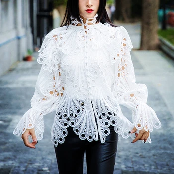 

New Style Sexy Hollow Out Special Designer Fashion Womens Tops And Blouses Flare Sleeve Lady Tops Blouse Women Clothes SL321