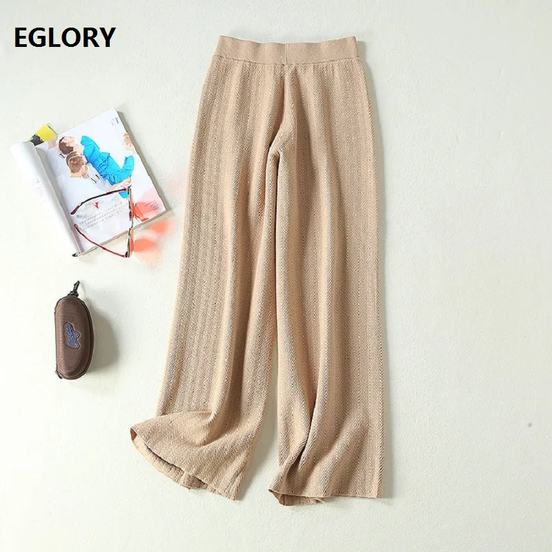 

High Quality 2019 Autumn Winter Warm Pant Women Geometric Patterns Knitting Straight Casual Black Grey Khaki Brown Pants Female