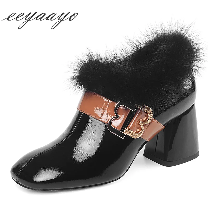 

2019 New Winter Genuine leather Women Ankle Boots High Heel Marten Hair Zip Crystal Metal Fashion Women Shoes Black Warm Boots