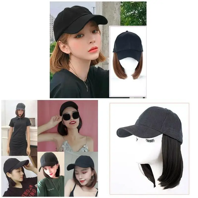 Baseball Hat with Short Hair Wigs Bob Hair Synthetic Hat for Women Summer Short Straight Hair Heat Resistant Fiber 2023 New 4