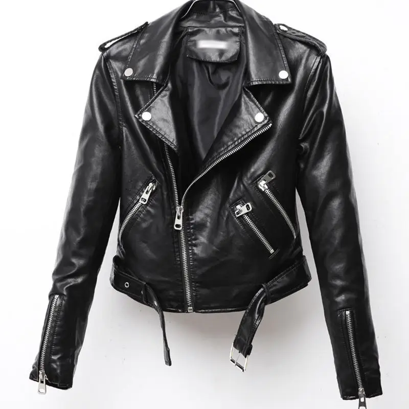 Metallic Leather Jacket Woman Motorcycle Short Jacket Lapel Asymmtrical Zipper Coat Punk Streetwear