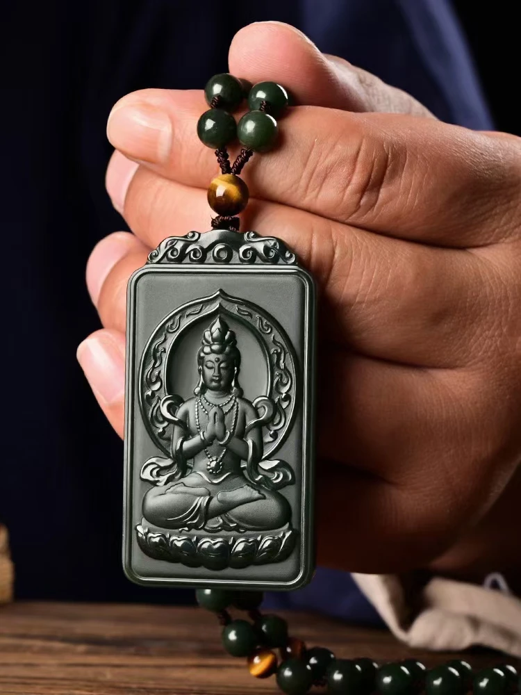 

Magical Deep Green Jade Bless Buddha Pendant Amulet Mala Bead Hanging Talisman Netsuke