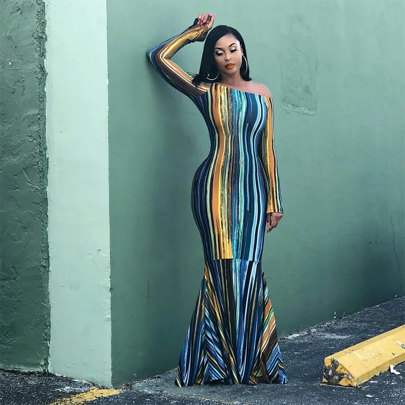С открытыми плечами с принтом длинными рукавами в полоску платья для русалка
