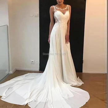 

Beautiful Mermaid Jewel Neckline Flowing Chiffon Wedding Dresses with Sweep Train White Bride Dress See Through Button Back