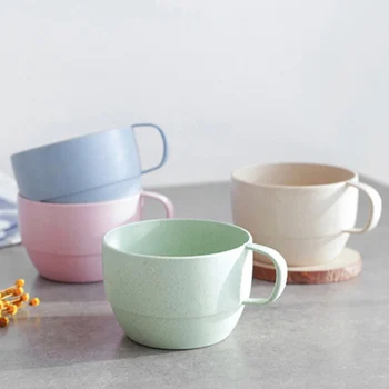 

Environmental Wheat Straw Milk Coffee Cup Biodegradable Breakfast Cup Teacup Mug With Simple Plain Ribbon Handle