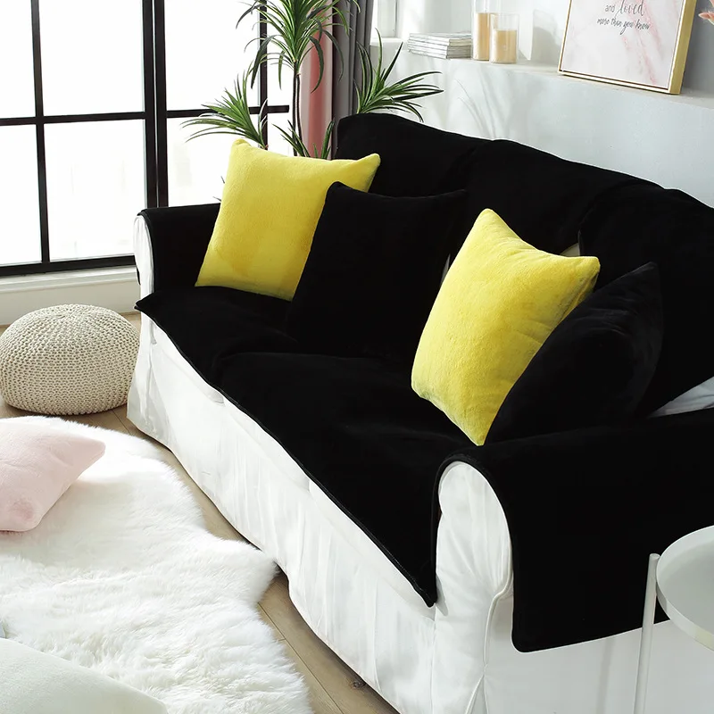 Белые Плюшевые Чехлы для диванов для гостиной, зимние чехлы из искусственного кроличьего меха, чехлы для диванов и полотенец, одноцветные мягкие чехлы для диванов - Цвет: 01155-Black