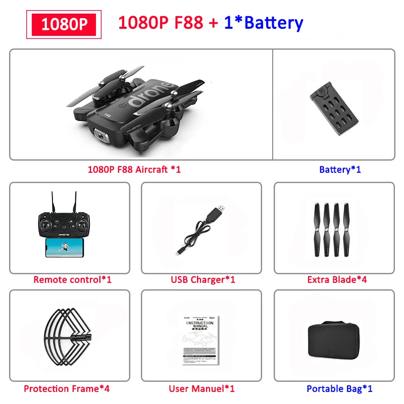 1080P 1B BAG F88 Дрон RC Квадрокоптер складной портативный WiFi Дроны с 4K HD широкоугольная видеокамера режим удержания высоты Дрон VS SG106 - Цвет: 1080P 1B BAG