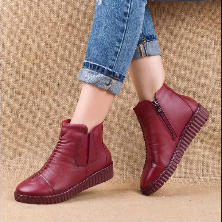 6156 wine red GKTINOO/ г., Зимние ботильоны из натуральной кожи женская мягкая обувь на плоской подошве ручной работы Удобные повседневные Мокасины ботильоны с боковой молнией - Цвет: 6156 wine red