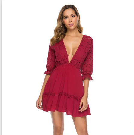 wine red BacklakeGirls Сексуальное Кружевное белое коктейльное мини-платье с вырезами, Пляжное Сетчатое хлопковое женское платье, Vestidos De Fiesta De Noche - Цвет: wine red