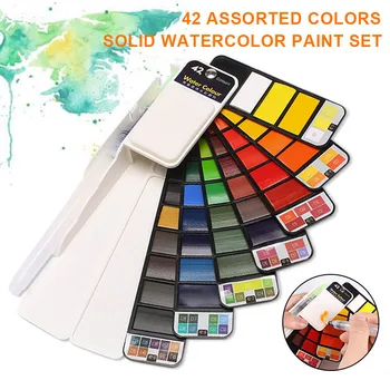 

42 Colors Solid Watercolor Paint Set Foldable Travel Painting Pigment With Water Brush Pen Creative Fan Design for Beginner