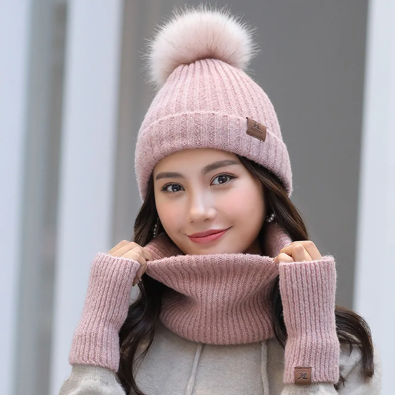 Осенне-зимняя вязаная шапка для женщин, шерстяная теплая Толстая шапка, ветрозащитная Женская Балаклава для девочек, меховая шапка с помпоном, шарф, перчатки, комплект - Цвет: pink
