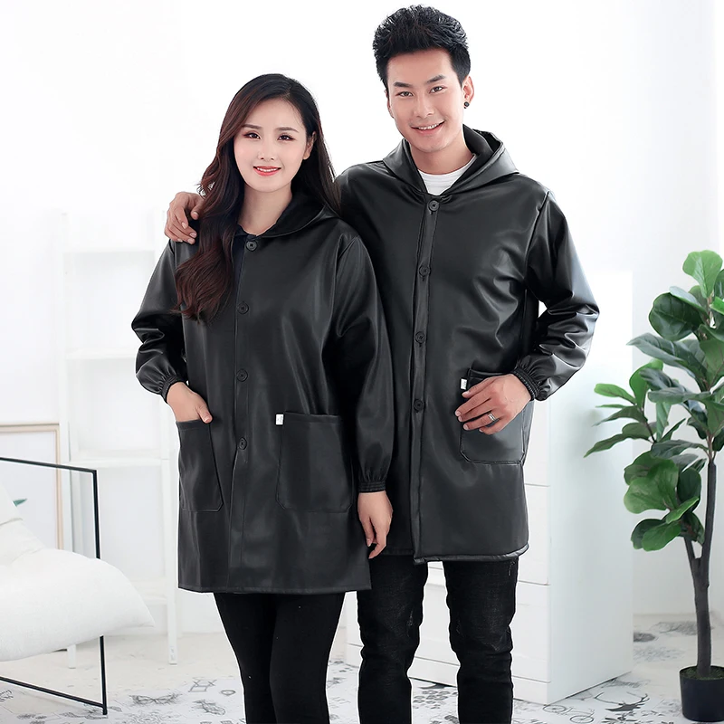 Waterproof and oilproof PU leather smock adult female fashion overalls kitchen home thick apron long sleeve men winter - Цвет: 1PCS