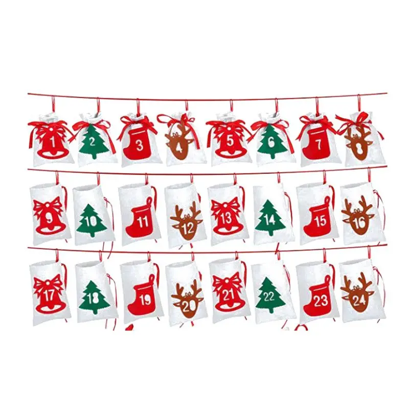 Christmas Advent Calendars 24 Days Countdown Calendar Hanging Felt Drawstring Gift Bags For Xmas Tree Holiday Party Decoration - Цвет: A