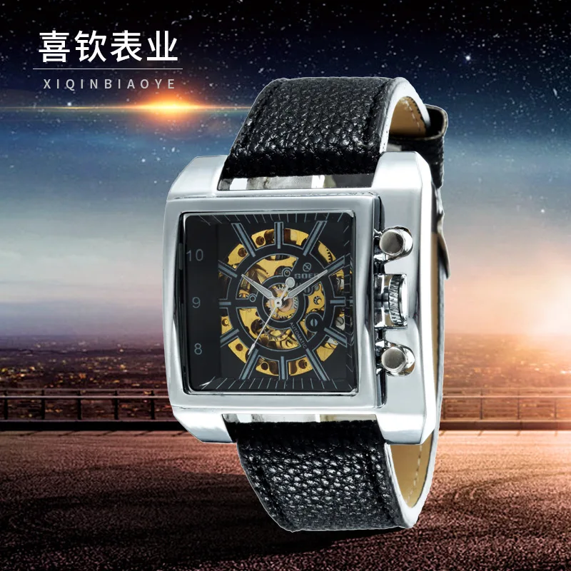 

Goer Fully Automatic Hollow out Analog Watch Large Plate Square Business Men Machinery Leather Strap Watch Gz0051