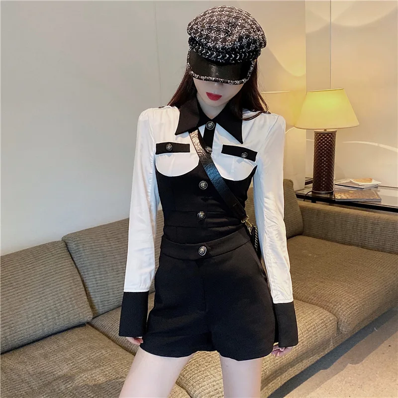 

Photo Shoot 2019 Elegant Goddess-Style Mixed Colors Mock Two-Piece Shirt + High-waisted Versatile Shorts Two-Piece Set