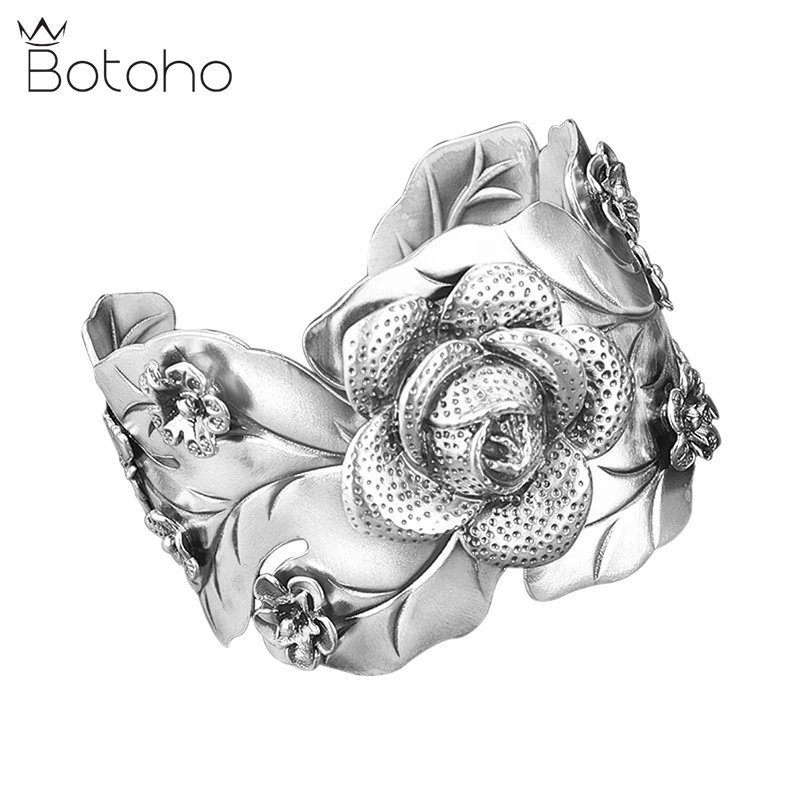 

Pure Silver S999 Rose Flower Wide Face Handmade Sterling Silver Bracelet Retro Exaggerated Opening Ethnic Style Women Bracelet