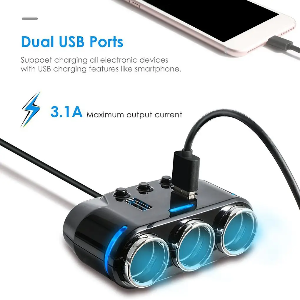 3 Способ автомобильного прикуривателя двойной зарядное устройство USB напряжение обнаружения разъем сплиттер адаптер питания