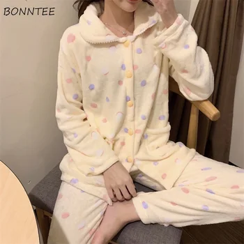 

Pajama Sets Women Dot Korean Style High Quality All-match Lovely Harajuku Womens Winter Thicker Kawaii Pajamas Single Breasted