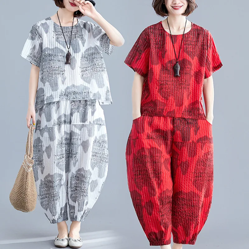 

Photo Shoot 2019 Summer Ethnic-Style Large Size Loose Cotton Linen Short-sleeved Top Women's Harem Pants Two-Piece Set