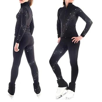 

Ice Figure Skate Sportswear Skating Polartec Polar Fleece Jacket Pants with Spiral Rhinestones Skating Trouser Coat Set