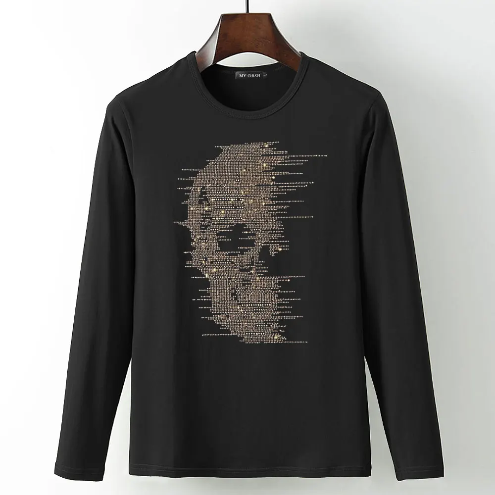 T005-O-Black Горячая фиксация горный хрусталь печать мужская панк стиль футболка Сияющий топ из бриллиантов Тройники Размер плюс мужской blingbling футболки с черепами черный белый - Цвет: T005-O-Black