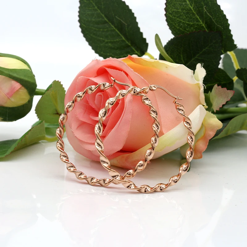 rose gold KLDY трендовые золотые крученые большие серьги из нержавеющей стали оптом ювелирные изделия круглые большие размеры серьги-кольца женские модные обручи - Окраска металла: rose gold