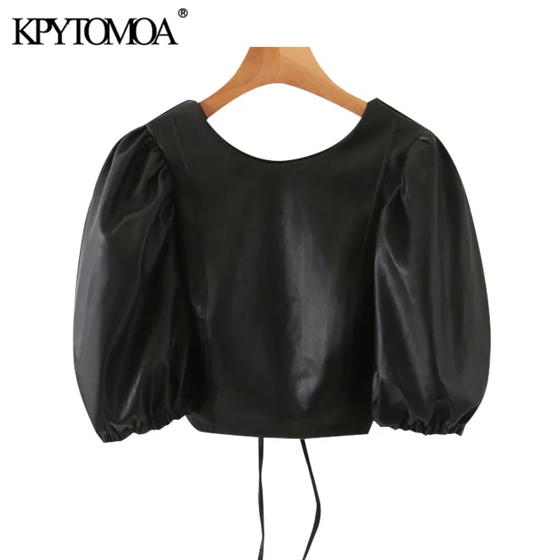 KPYTOMOA Women 2020 Sexy Fashion Faux Leather Puff Sleeve Cropped Blouses Vitnage Backless Drawstring Female Shirts Chic Tops KPYTOMOA Women 2020 Sexy Fashion Faux Leather Puff Sleeve Cropped Blouses Vitnage Backless Drawstring Female Shirts Chic Tops