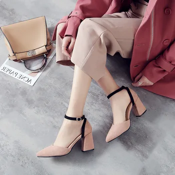 

2019 autumn new fashion simple solid color high heel women retro style suede comfortable square heel casual high heels