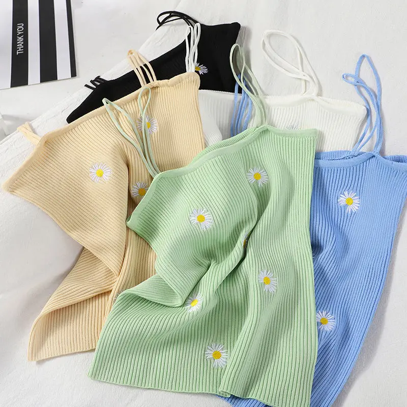 Women Corset Tops Embroidered Little Daisy Sling Top Thread Knitted Vest For Tank Camis Crop |