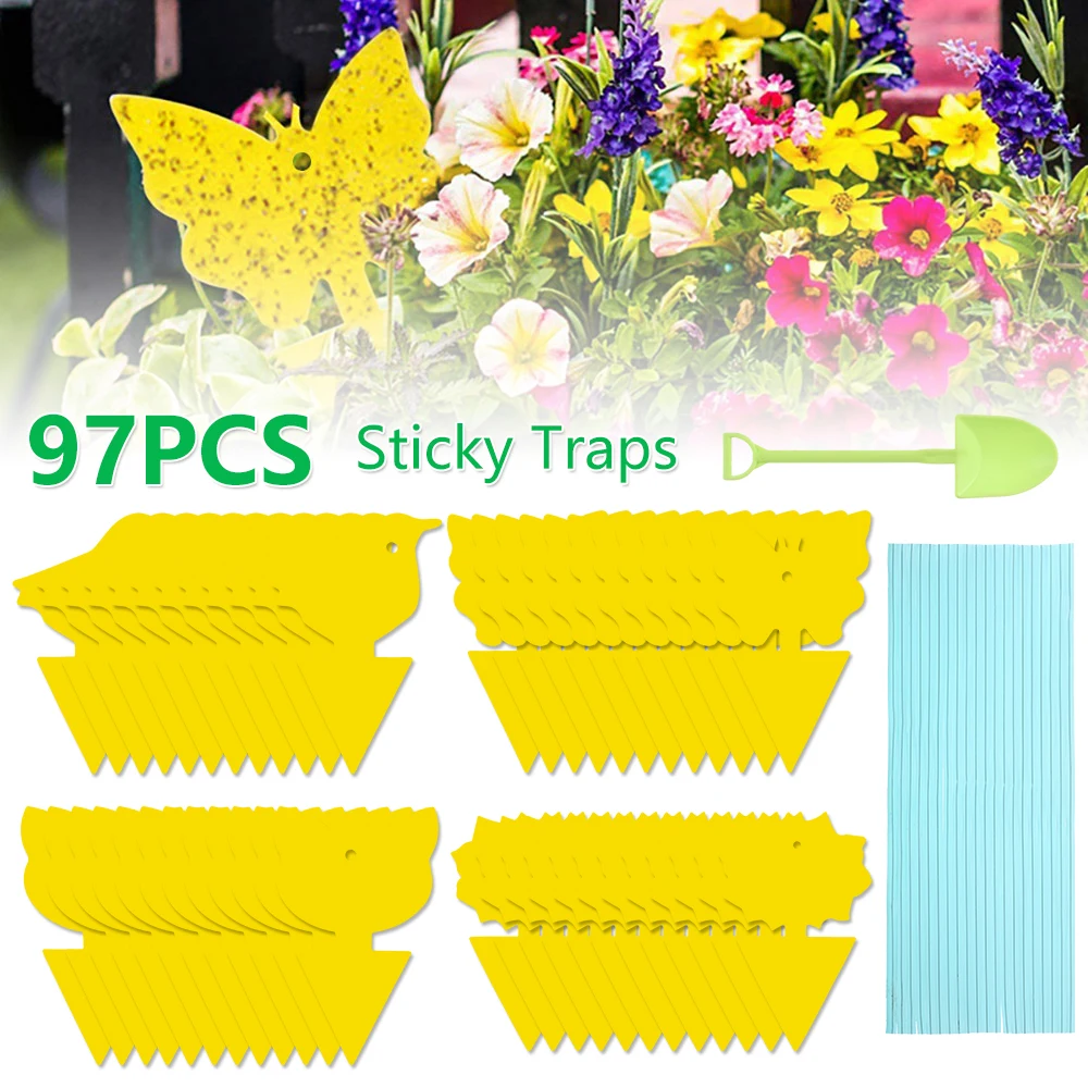 97 unids/set de la mosca de la fruta trampa amarillo pegajoso de efecto invernadero de flores asesino los áfidos avispa Catcher Dual insecto trampas de pegamento bordo