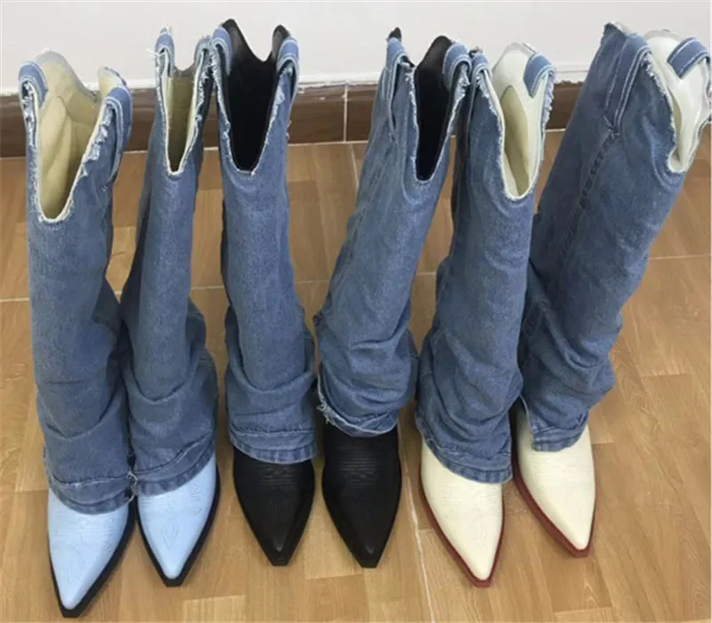 Jady/женские синие джинсовые ботинки ковбойский из натуральной кожи осенние ботинки для верховой езды на высоком массивном каблуке 7 см; botas Mujer