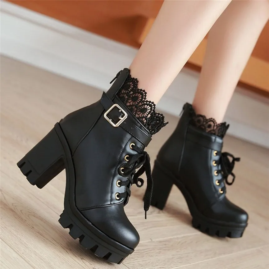 Ботинки на высоком каблуке женские ботильоны на высоком толстом каблуке со шнуровкой Уличная обувь на платформе со шнуровкой, Botines Mujer Invierno A1