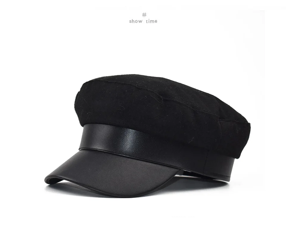 Женские черные шапки в стиле милитари; сезон осень-зима; модные шерстяные шапки из искусственной кожи в стиле пэчворк; кепки с поясом для женщин; Gorras boinas para mujer