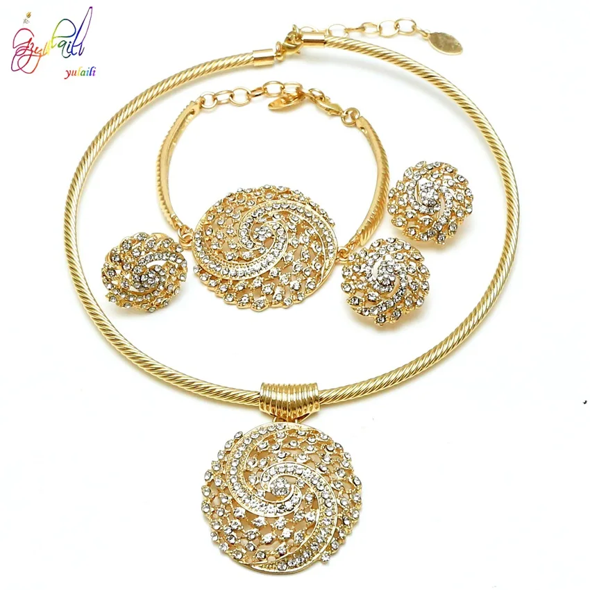 Yulaili Jewelry Sets For Women Evening Party Rhinestone Crystal Hollow Out Necklace Earring Bracelet Ring Jewelry Accessories