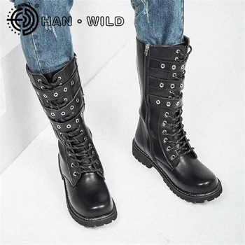 preço Moda Homem Botas Rebite Botas De Combate Masculino Estilo Punk Gótico Motociclista Sapatos Casuais De Couro De Luxo Botas Da Motocicleta Botas Do Exército