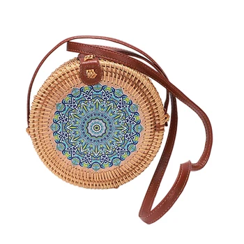 

Printing Round Rattan Crossbody Bag,Straw Boho Bag For Women Purse Handmade Clutch Woven Shoulder Bag