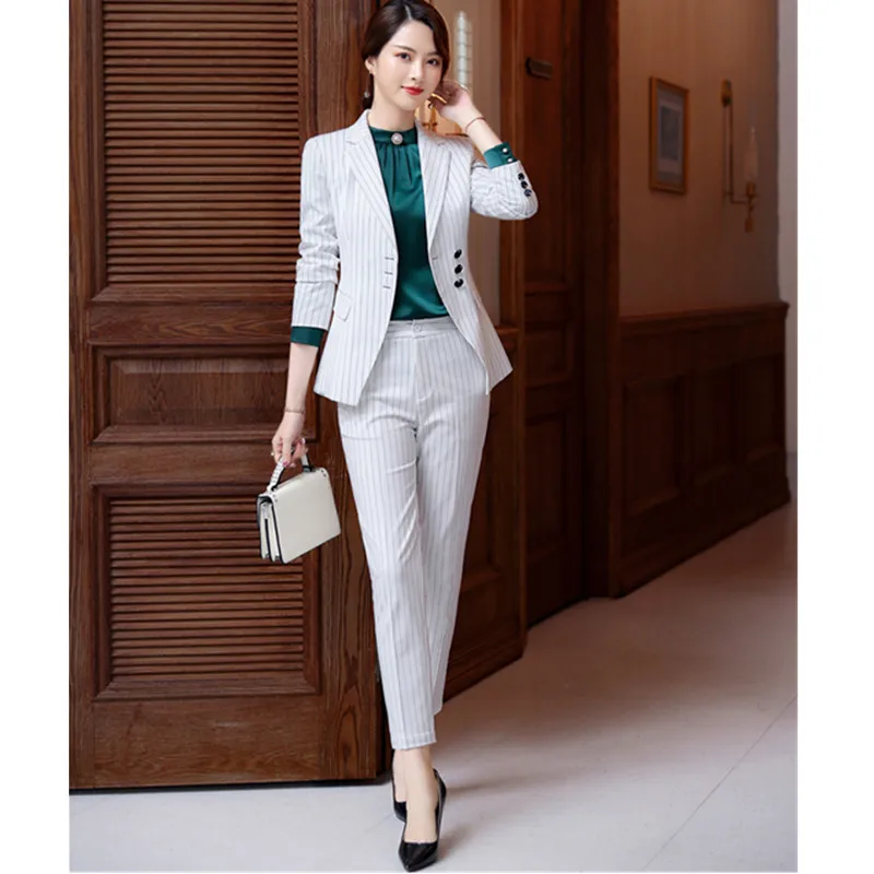 Style A Женские Брючные костюмы, женский полосатый Блейзер, куртка и тонкие штаны, комплект из 2 предметов, Женская Повседневная Деловая одежда для офиса - Цвет: Style A