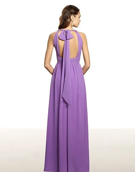 free shipping girls' dresses vestidos de fiesta Poly chiffon A-line halter open back natural waist pleated bridesmaid dress