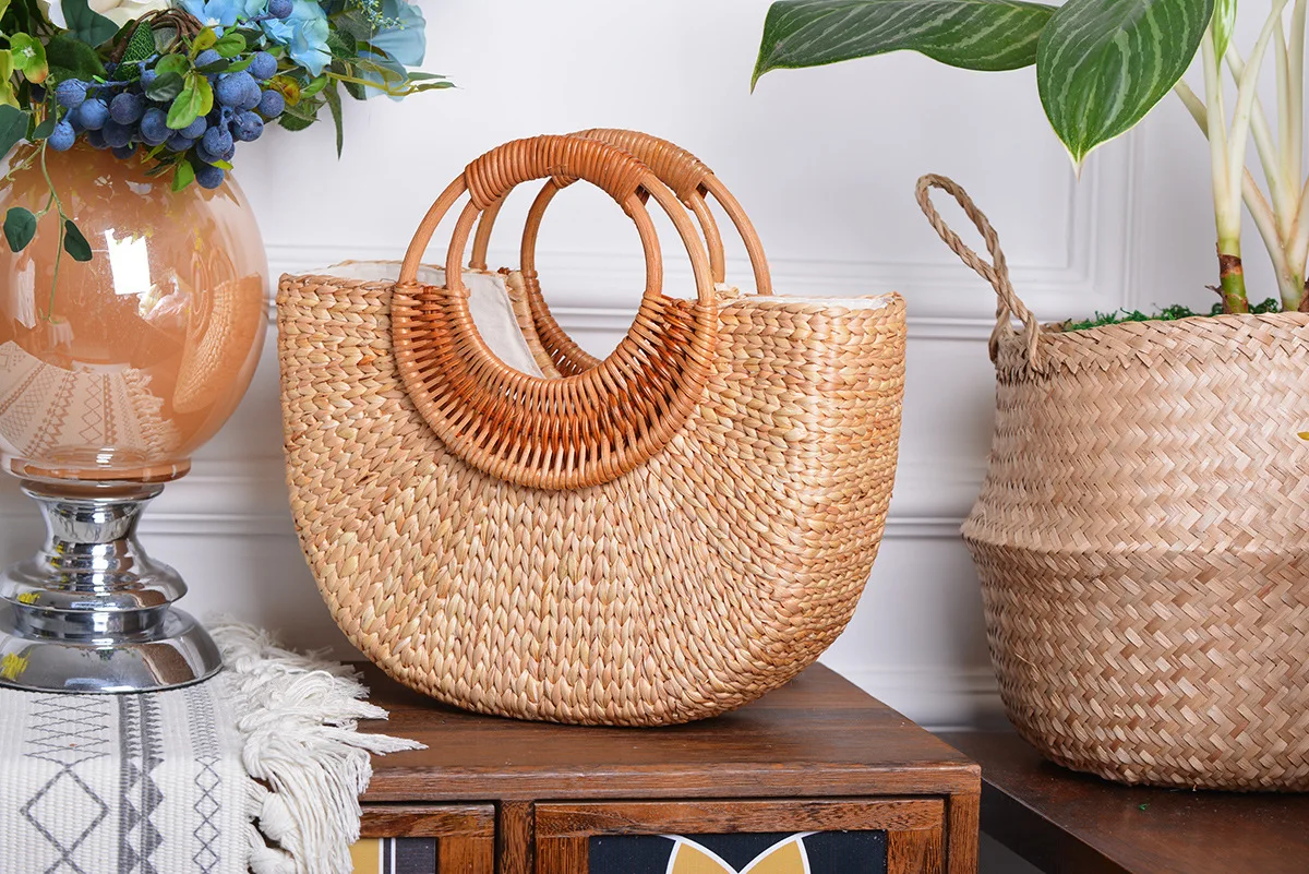 Woven Straw Bucket Bag, Vintage Straw Tote Bag for Summer 2021