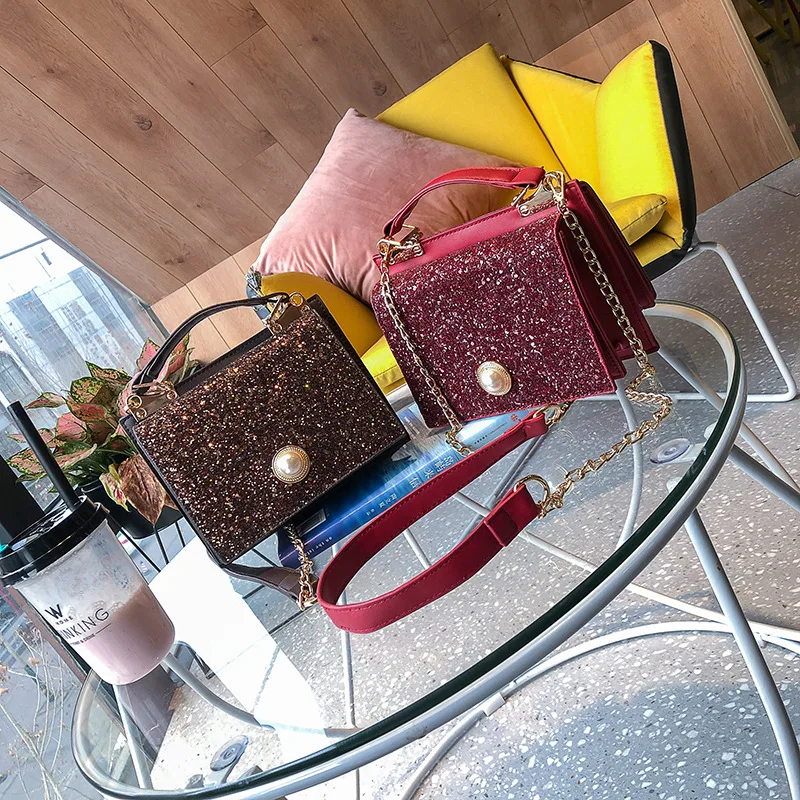 

Fashion Bags 2019 New Style Fashion Korean-style Versatile Shoulder Bag Sequin Pearl Two-sided Shoulder Bag/ Hand Bag Square Sli