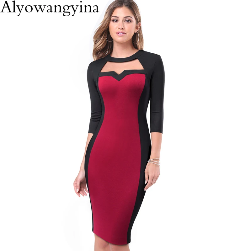 Alyowangyina, винтажная женская мода, цветочный узор, для работы, Vestidos, выдалбливают, с круглым вырезом, деловые, вечерние, бодикон, для офиса, женское платье, B482