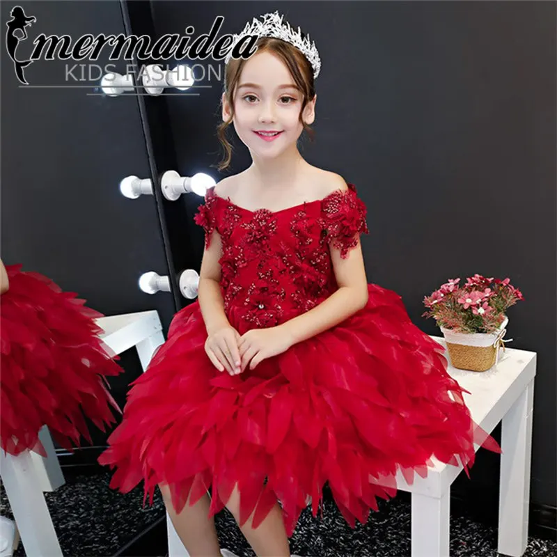 wine red color Новые летние Дети Детская мода винно-красного цвета, Цвет на день рождения Свадебная вечеринка для выпускного вечера цветы платье, украшенное перьями, детское платье-пачка, платье, украшенное цветами и подарок - Цвет: wine red color