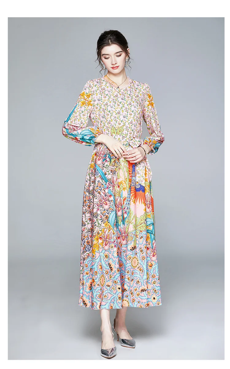 Fashion Designer Runway Long Dress 2020 Spring Autumn Women Dress Puff Sleeve Floral-Print Vacation Elegant Party Maxi Dresses
