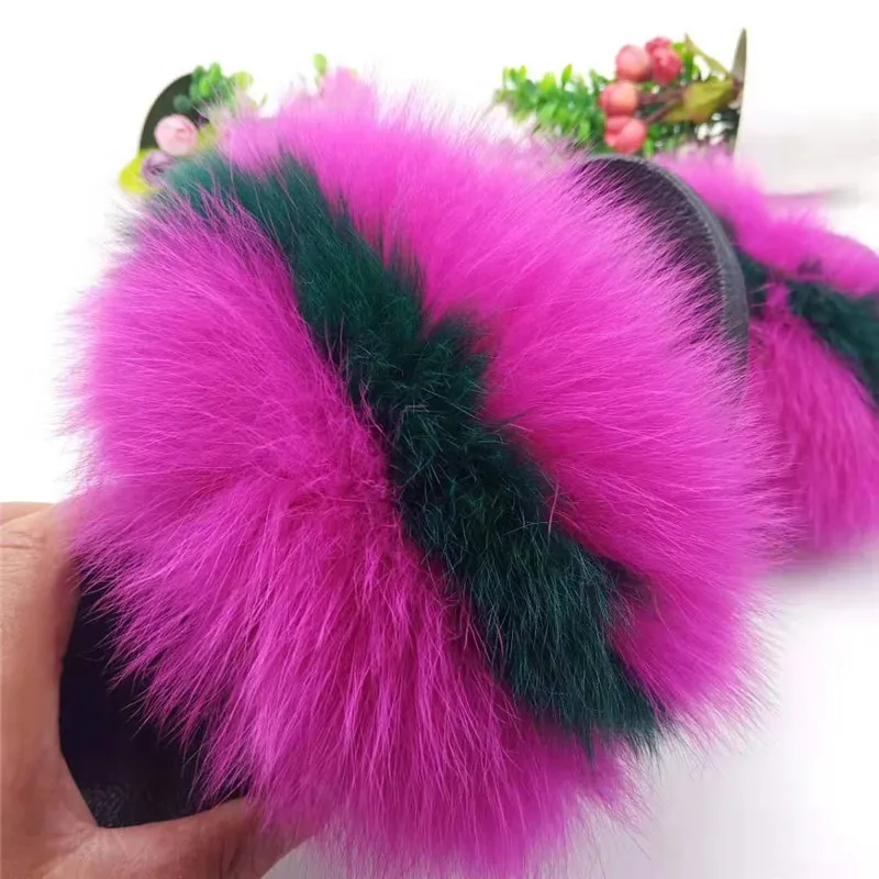 

Color Matching Fox Fur Slippers Women Furry Slides Solid Color Fluffy Fur Slippers Home Sandals Natural Fox Hair Ladies Slippers